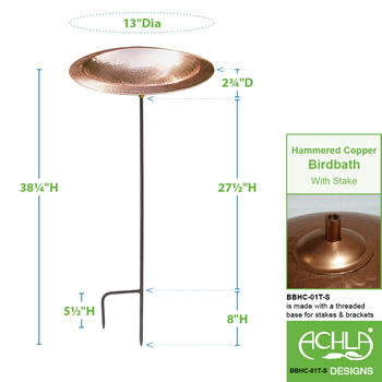 Achla BBHC-01T-S Hammered Copper Birdbath Bowl With Stake