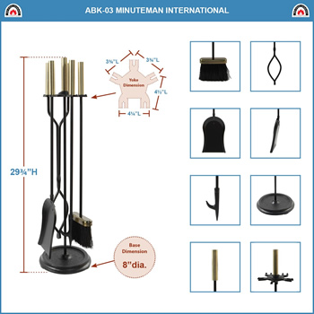 Minuteman ABK-03 Antique Brass and Black Neoclassic Fireplace Tool Set
