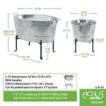 Achla C-51-S1 Classic Oval Galvanized Tub With Folding Stand