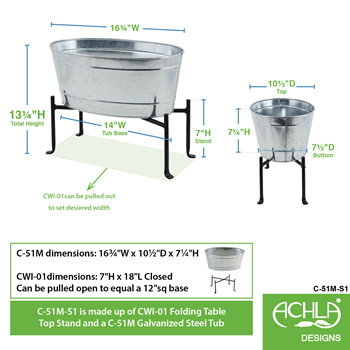 Achla C-51M-S1 Mini Oval Galvanized Tub With Folding Stand