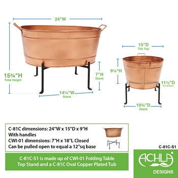 Achla C-81C-S1 Oval Copper Tub With Folding Stand