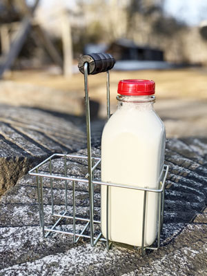 6 Glass Milk Bottles in Metal Carrier