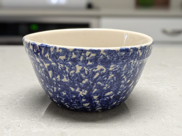 Ohio Stoneware blue spongeware mixing bowl, 6 inch, with cream glazed interior