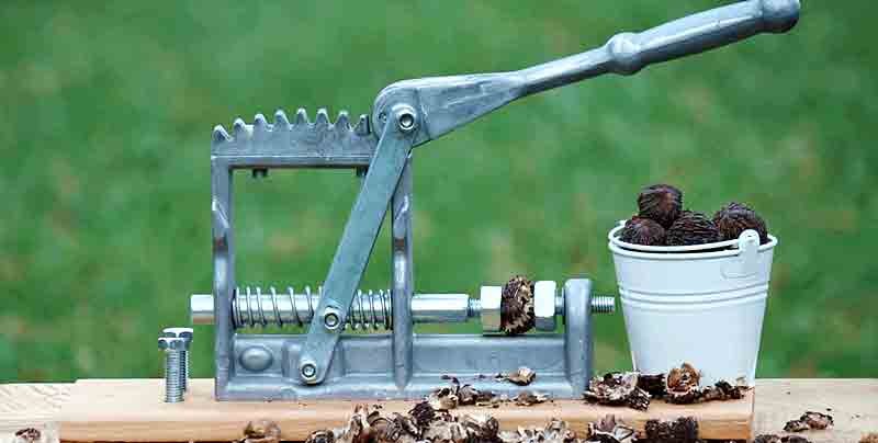 Black walnut cracker machine side view with ratchet lever and spring
