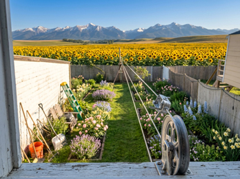 Ben-Mor clothesline pulley system installed in backyard — cable running from wooden post across flower garden with sunflower field and Blue Ridge Mountains in background