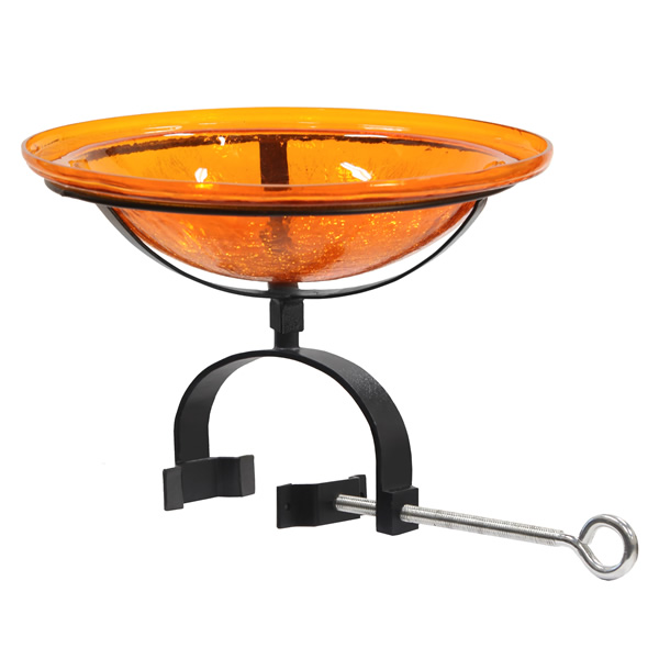 Achla CGB-06M-OR2 12 Inch Orange Crackle Glass Birdbath With Over Rail Bracket