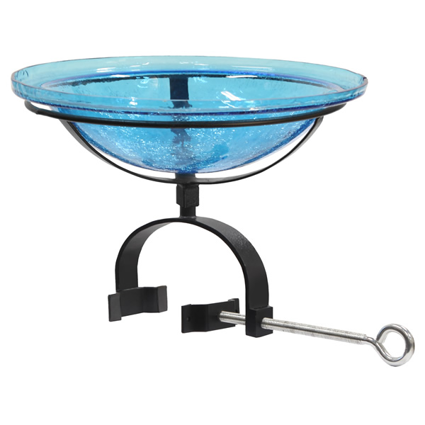 Achla CGB-07T-OR2 12 Inch Teal Crackle Glass Birdbath With Over Rail Bracket