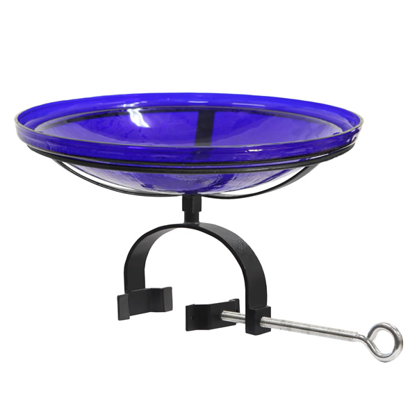 Achla CGB-14CB-OR2 14 Inch Cobalt Crackle Glass Birdbath With Over Rail Bracket