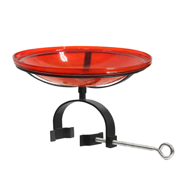 Achla CGB-14R-OR2 14 Inch Red Crackle Glass Birdbath With Over Rail Bracket