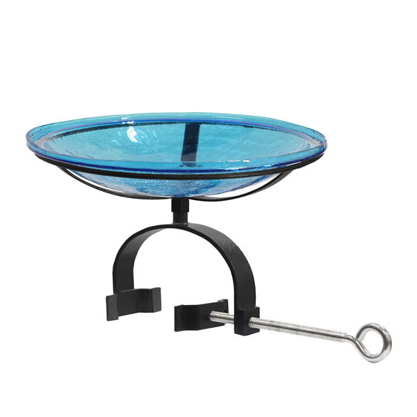 Achla CGB-14T-OR2 14 Inch Teal Crackle Glass Birdbath With Over Rail Bracket