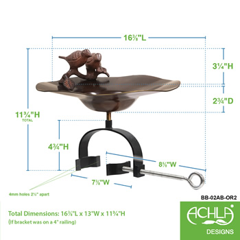 Achla BB-02AB-OR2 Antique Birds Birdbath With Over Railing Bracket