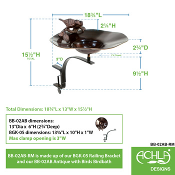 Achla BB-02AB-RM Antiqued Birdbath With Birds With Rail Mount Bracket