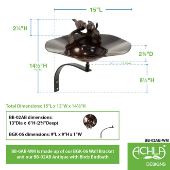 Achla BB-02AB-WM Antiqued Birdbath With Birds With Wall Mount Bracket