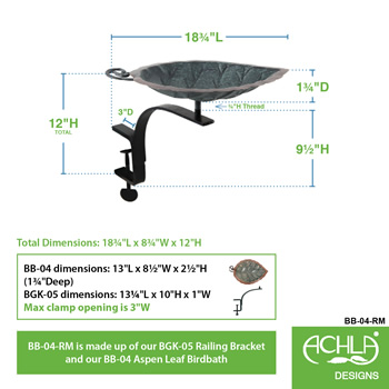 Achla BB-04-RM Aspen Leaf Birdbath With Rail Mount Bracket