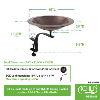 Achla BB-05-RM Classic II Birdbath With Rail Mount Bracket