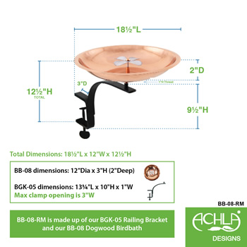 Achla BB-08-RM Dogwood Birdbath With Rail Mount Bracket