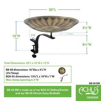 Achla BB-09-RM African Daisy Birdbath With Rail Mount Bracket