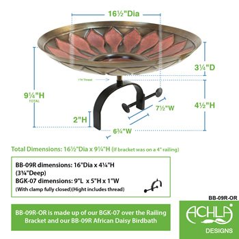 Achla BB-09R-OR Red African Daisy Birdbath With Over Rail Bracket