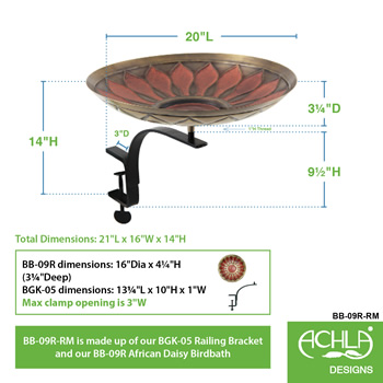 Achla BB-09R-RM Red African Daisy Birdbath With Rail Mount Bracket