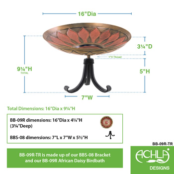 Achla BB-09R-TR Red African Daisy Birdbath With Tripod Stand