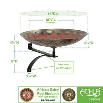 Achla BB-09R-WM2 African Sunflower Red Birdbath With Wall Mount Bracket