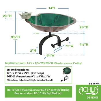 Achla BB-10-OR Lilypad Birdbath With Over Rail Bracket