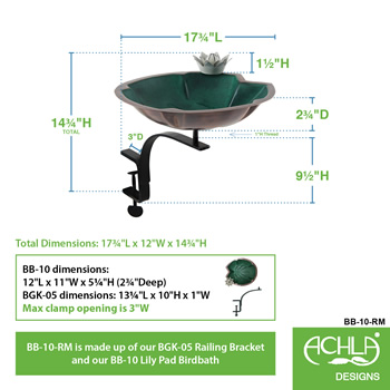 Achla BB-10-RM Lilypad Birdbath With Rail Mount Bracket