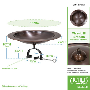 Achla BB-12T-OR2 18 Inch Classic Copper Birdbath With Over Rail Bracket