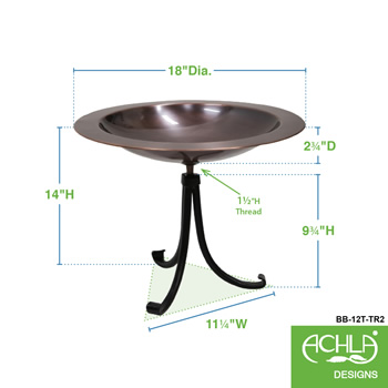 Achla BB-12T-TR2 18 Inch Classic Copper Birdbath With Tall Tripod Stand