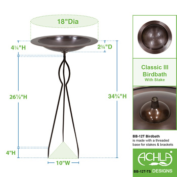 Achla BB-12T-TS 18 Inch Classic Copper Birdbath With Tripod Stake