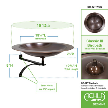 Achla BB-12T-WM2 18 Inch Classic Copper Birdbath With Wall Mount Bracket