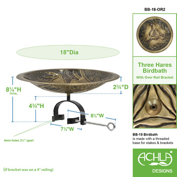 Achla BB-18-OR2 Three Hares Birdbath With Over Rail Bracket