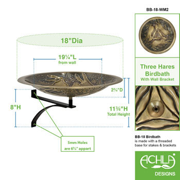 Achla BB-18-WM2 Three Hares Birdbath With Wall Mount Bracket