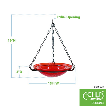 Achla BBH-02R Red 12 Inch Crackle Glass Hanging Birdbath