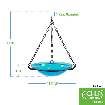 Achla BBH-02T Teal 12 Inch Crackle Glass Hanging Birdbath