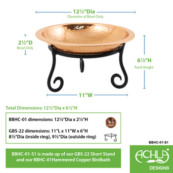 Achla BBHC-01-S1 Hammered Copper Birdbath With Short Stand