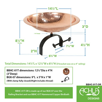 Achla BBHC-01T-OR Hammered Copper Birdbath With Over Rail Bracket