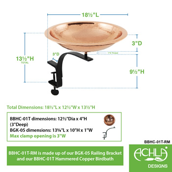 Achla BBHC-01T-RM Hammered Copper Birdbath With Rail Mount Bracket