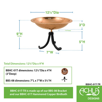 Achla BBHC-01T-TR Hammered Copper Birdbath With Tripod Stand