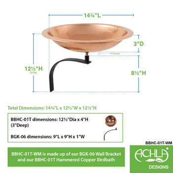 Achla BBHC-01T-WM Hammered Copper Birdbath With Wall Mount Bracket