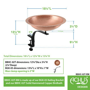 Achla BBHC-02T-RM Hammered Solid Copper Birdbath With Rail Mount Bracket