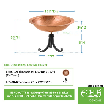 Achla BBHC-02T-TR Hammered Solid Copper Birdbath With Tripod Stand