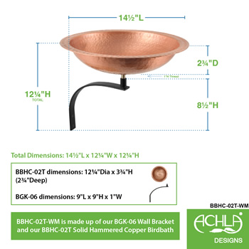 Achla BBHC-02T-WM Hammered Solid Copper Birdbath With Wall Mount Bracket