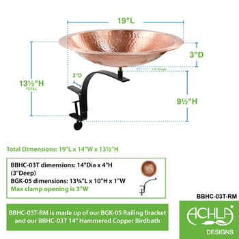 Achla BBHC-03T-RM Hammered Solid Copper Birdbath With Rail Mount Bracket