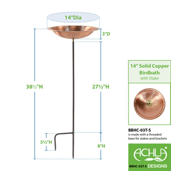 Achla BBHC-03T-S Hammered Solid Copper Bowl With Rim With Stake