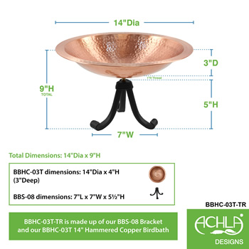 Achla BBHC-03T-TR Hammered Solid Copper Birdbath With Tripod Stand