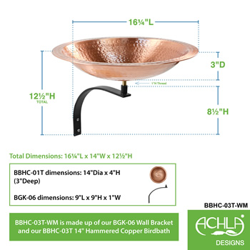 Achla BBHC-03T-WM Hammered Solid Copper Birdbath With Wall Mount Bracket