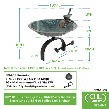 Achla BBM-01-OR Scallop Shell Birdbath With Over Rail Bracket