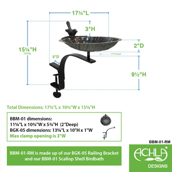 Achla BBM-01-RM Scallop Shell Birdbath With Rail Mount Bracket