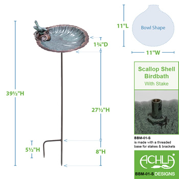 Achla BBM-01-S Scallop Shell Birdbath and Feeder With Stake